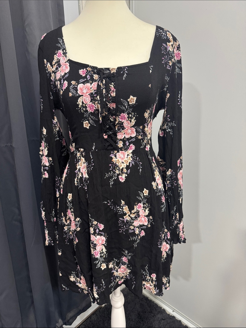 American Rag Black Floral Lace-Up Long Sleeve Dress - Pink Floral